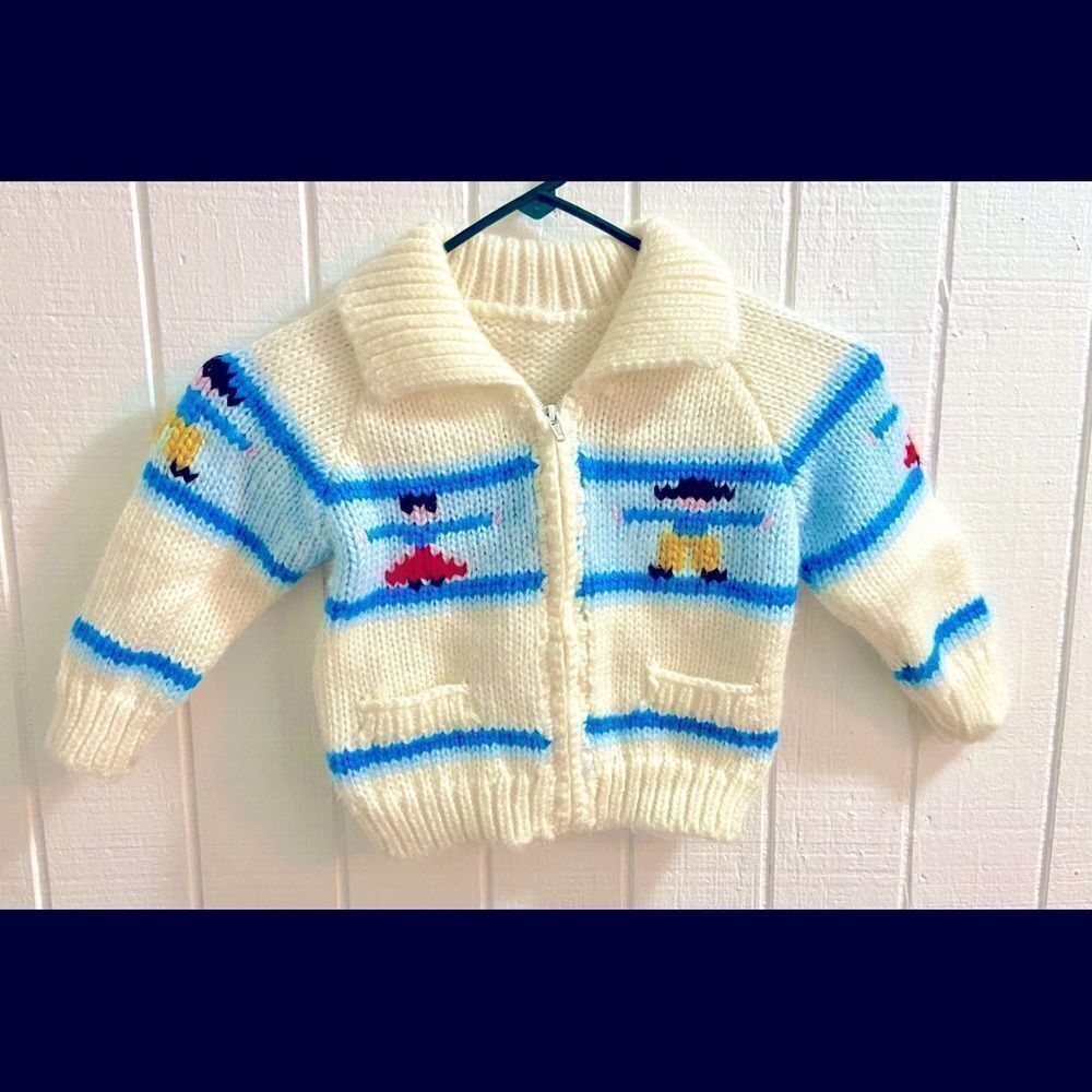 Vintage Handmade Child’s Knitted Sweater W Cowgirl/Boy Print Full Zip Cardigan.